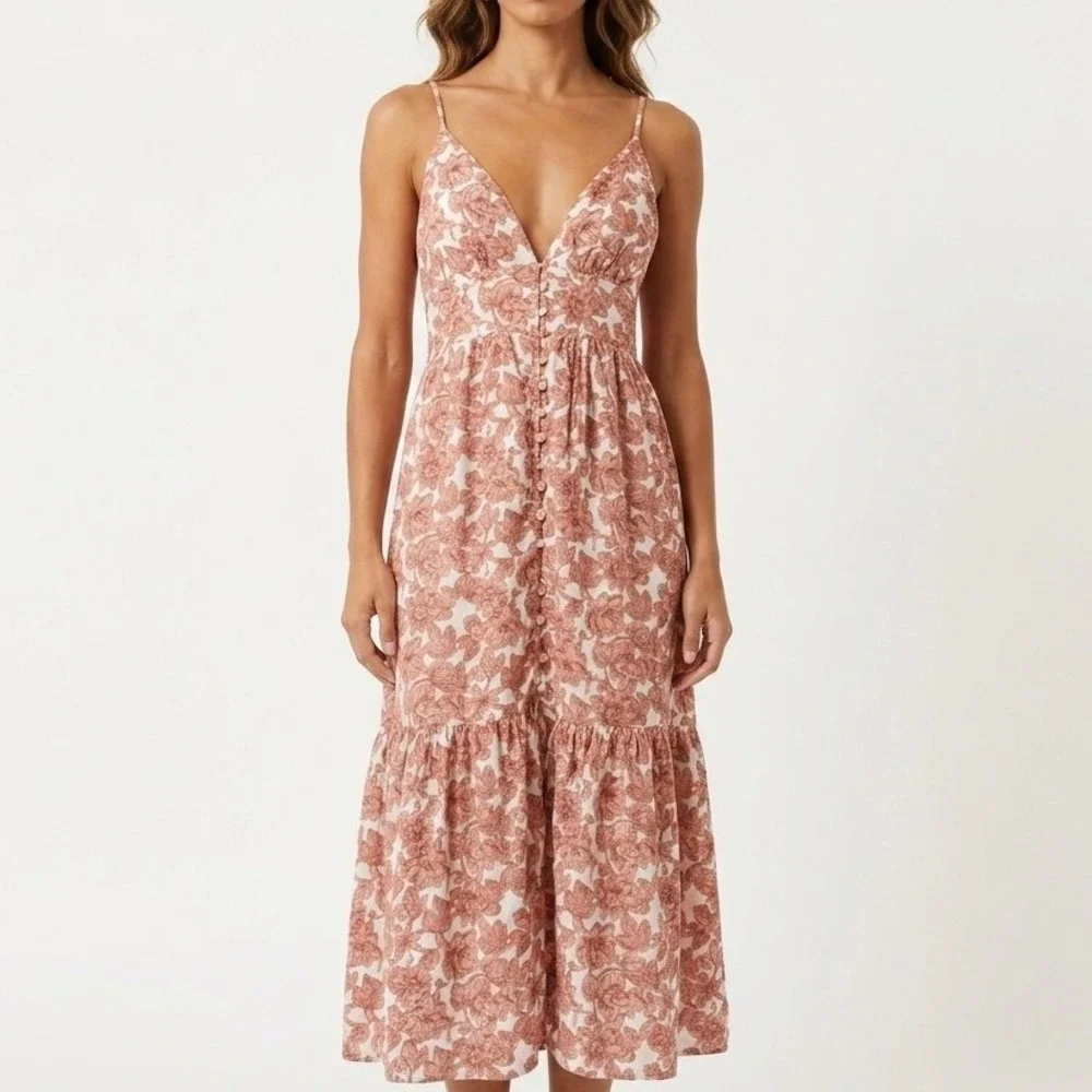 Abercrombie & Fitch Floral Linen Blend Maxi Dress Terracotta XLT Cottagecore
